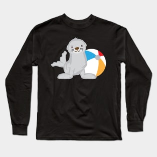 Cute Kawaii Seal with Beach Ball Kid Design Long Sleeve T-Shirt